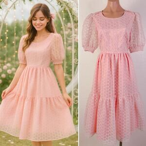 Rachel Parcell Puffy Sleeve Midi Dress Pink Princess 80s Romantic Coquette S NWT